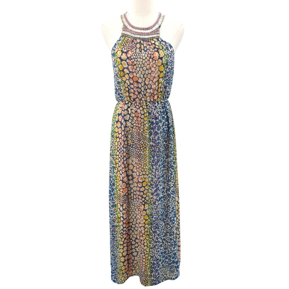 Beaded Neck Maxi Dress Sleeveless Boho Statement Printed Flowy Size‎ 2
